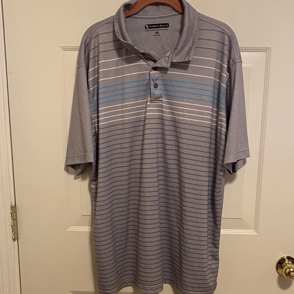 Pebble Beach Dry-Luxe Performance Men's Polo Shirt in Gray with Blue Stripes